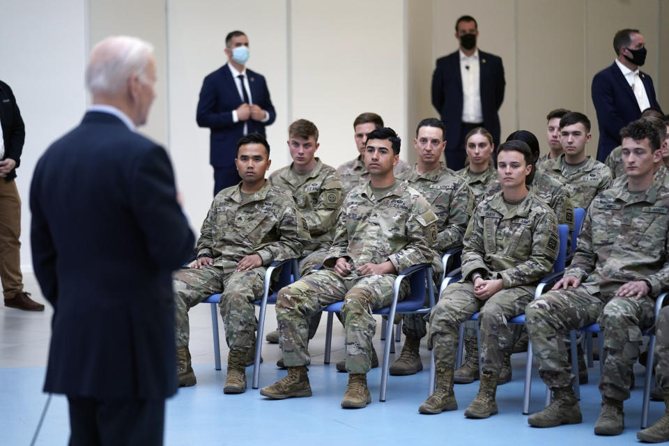 FILE - President Joe Biden speaks to members of the 82nd Airborne Division at the G2A Arena, March 25, 2022, in Jasionka, Poland. One year ago, Biden braced for the worst as Russia massed troops in preparation to invade Ukraine. But as Russia’s deadly invasion reaches the one year mark, Kyiv stands and Ukraine has exceeded even its own expectations. The effort was buoyed by a U.S.-led alliance that’s equipped Ukrainian forces while keeping the government in Kyiv afloat with direct assistance. (AP Photo/Evan Vucci, File)