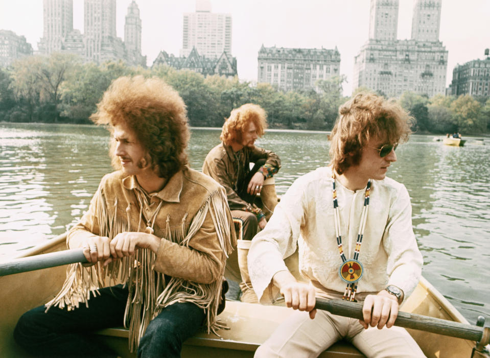 NEW YORK - NOVEMBER 1968:  Rock band "Cream" pose for a portrait in a row boat in Central Park in November 1968 in New York City, New York. L-R: Eric Clapton, Ginger Baker, Jack Bruce. (Photo by Michael Ochs Archives/Getty Images)