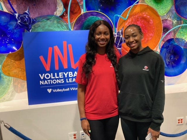 Current Texas volleyball player Asjia O'Neal, left, and UT graduate Chiaka Ogbogu get together before the U.S. women's national team begins competition this week in Arlington. The two middle blockers say their experience at UT has helped prepare them for the next level.