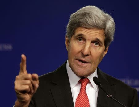 U.S. Secretary of State John Kerry speaks at the Center for American Progress on the launch of India:2020 in Washington July 28, 2014. REUTERS/Gary Cameron