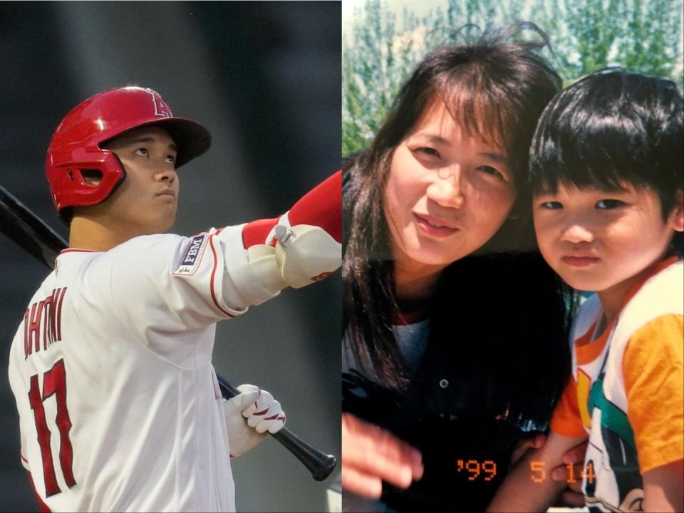 大谷翔平（左圖）4歲時與母親合影（右圖），稚氣可愛的臉龐獲得網友一片讚賞。（左圖：AP、右圖：翻攝自MLB推特）