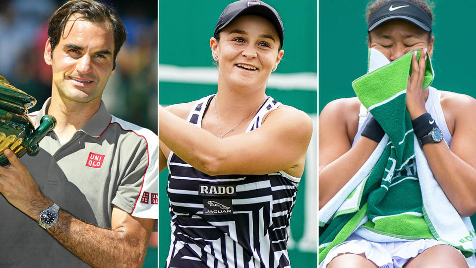 Roger Federer, Ash Barty and Naomi Osaka. Image: Getty