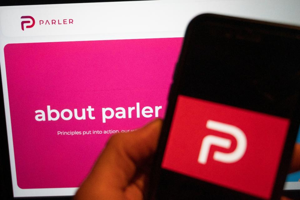 The logo of the social media platform Parler is displayed in Berlin, Jan. 10, 2021. 