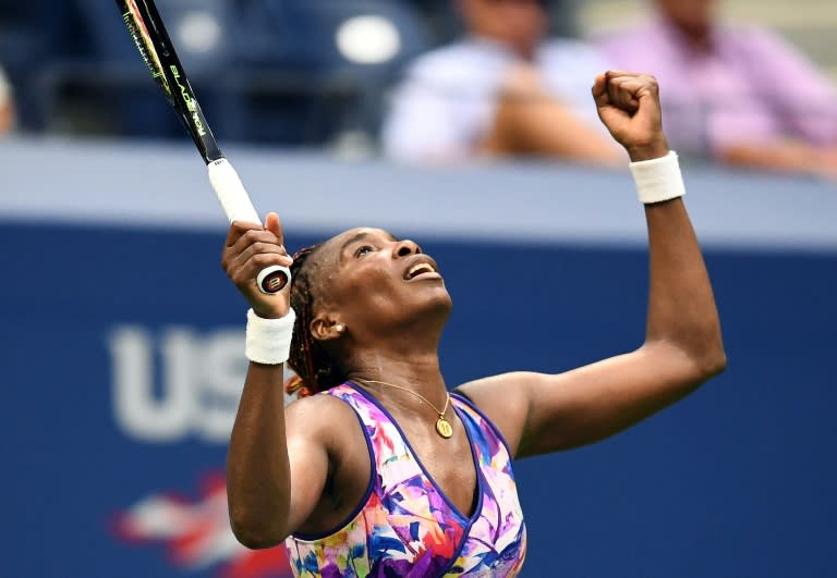 Venus Williams of the US celebrates defeating Kateryna Kozlova of Ukraine in their 2016 US Open Women’s Singles match at the USTA Billie Jean King National Tennis Center in New York on August 30, 2016