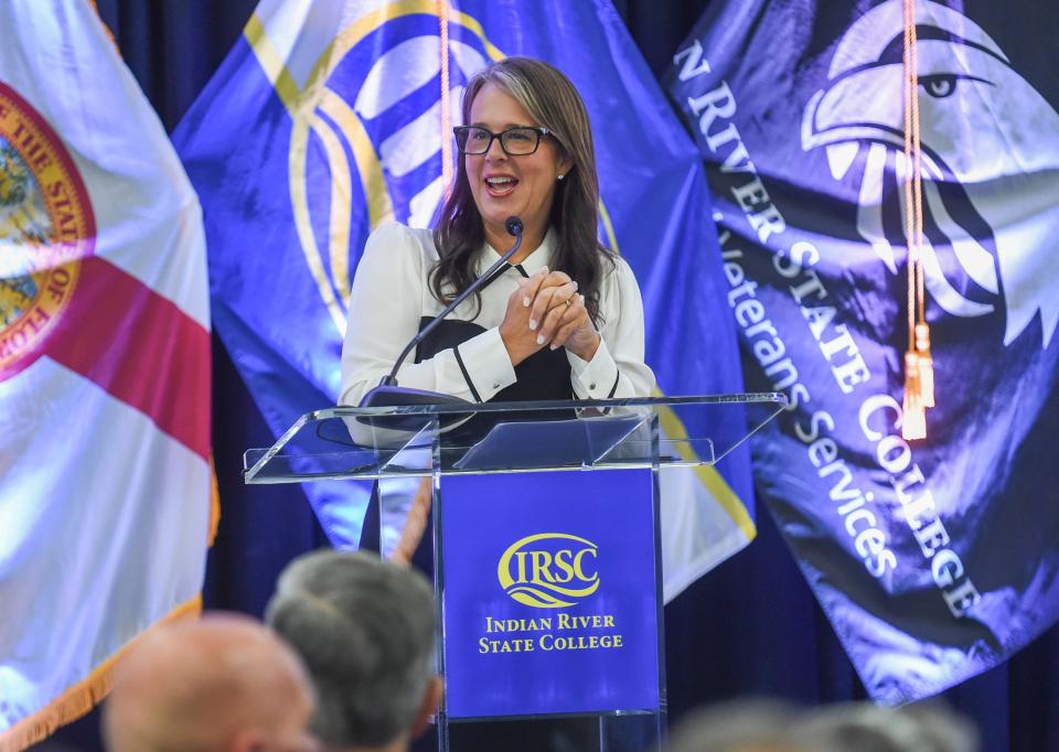 Patricia Gagliano, Dean of nursing at Indian River State College, speaks to the audience attending the grand opening of IRSC’s School of Nursing on Tuesday, Aug. 8, 2023, in Port St. Lucie. "We know thar nurses play a vital and irreplaceable role in healthcare and our role cannot be overstated as we're essential to ensuring access to care for our patients, thus improving the quality of life of individuals, and of our community," Gagliano said.