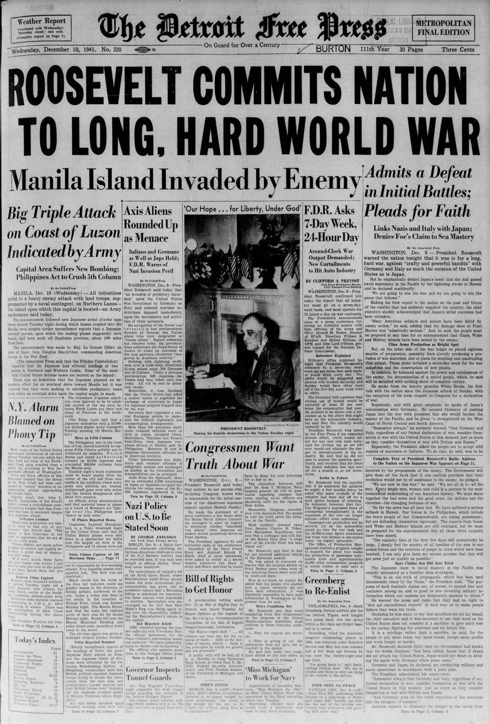 The front page of the Detroit Free Press on Dec. 10, 1941, quotes President Fanklin D. Roosevelt: "We are going to win the war and we are going to win the peace that follows."