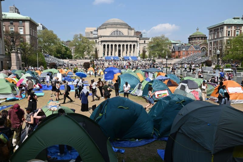 A pro-Palestine encampment is seen on the grounds of Columbia University in New York City on Monday. The University on Monday announced it was canceling its university-wide graduation ceremony in favor of smaller "school-based" ceremonies. Photo by Louis Lanzano/UPI