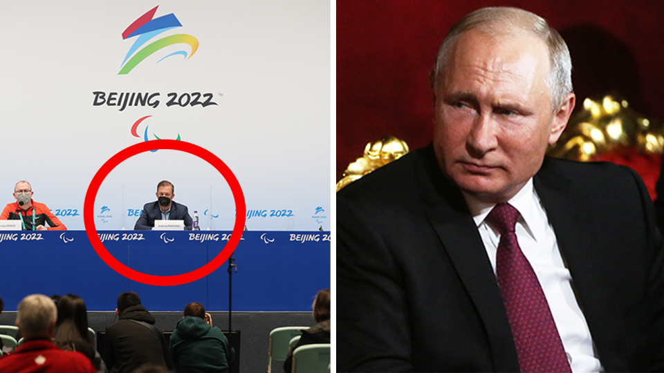 The Paralympics Committee boss Andrew Parsons (pictured left) talking to the media and (pictured right) Vladimir Putin.