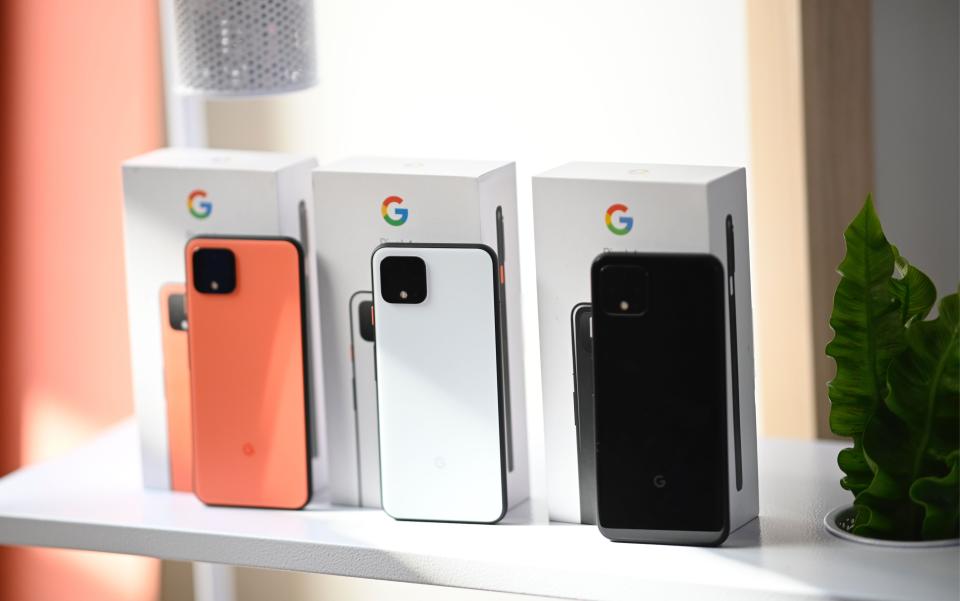 The new Google Pixel 4 phone is on display during a Google product launch event called Made by Google 19 on October 15, 2019  in New York City. - Google unveiled its newest Pixel handsets, aiming to boost its smartphone market share with features including gesture recognition that lets users simply wave their hands to get things done. (Photo by Johannes EISELE / AFP) (Photo by JOHANNES EISELE/AFP via Getty Images) ORIG FILE ID: AFP_1LG1EQ