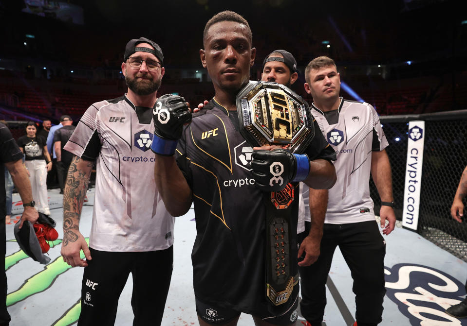 RIO DE JANEIRO, BRAZIL - JANUARY 21: Jamahal Hill reacts after his victory over Glover Teixeira of Brazil in the UFC light heavyweight championship fight during the UFC 283 event at Jeunesse Arena on January 21, 2023 in Rio de Janeiro, Brazil. (Photo by Buda Mendes/Zuffa LLC via Getty Images)