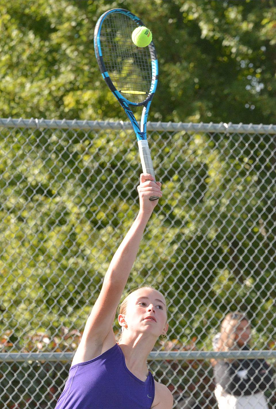 Watertown's Jade Smith serves the ball during her sixth flight singles championship match in the Eastern South Dakota Conference girls tennis tournament on Tuesday, Oct. 1, 2024, at the Highland Park Courts in Watertown.