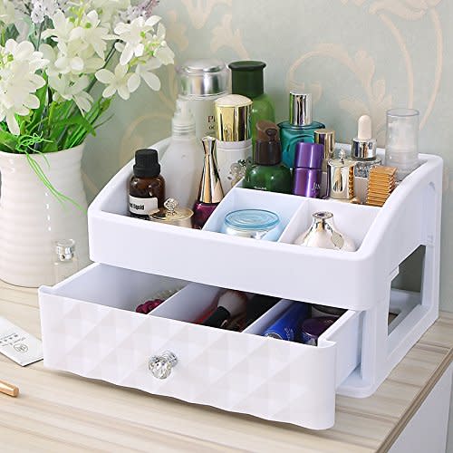 XIAOLI& Makeup Organizer Cosmetic Case Dresser Shelf Storage Box Desktop Transparent Drawer Type Household , Crystal Handle Single Pumping White