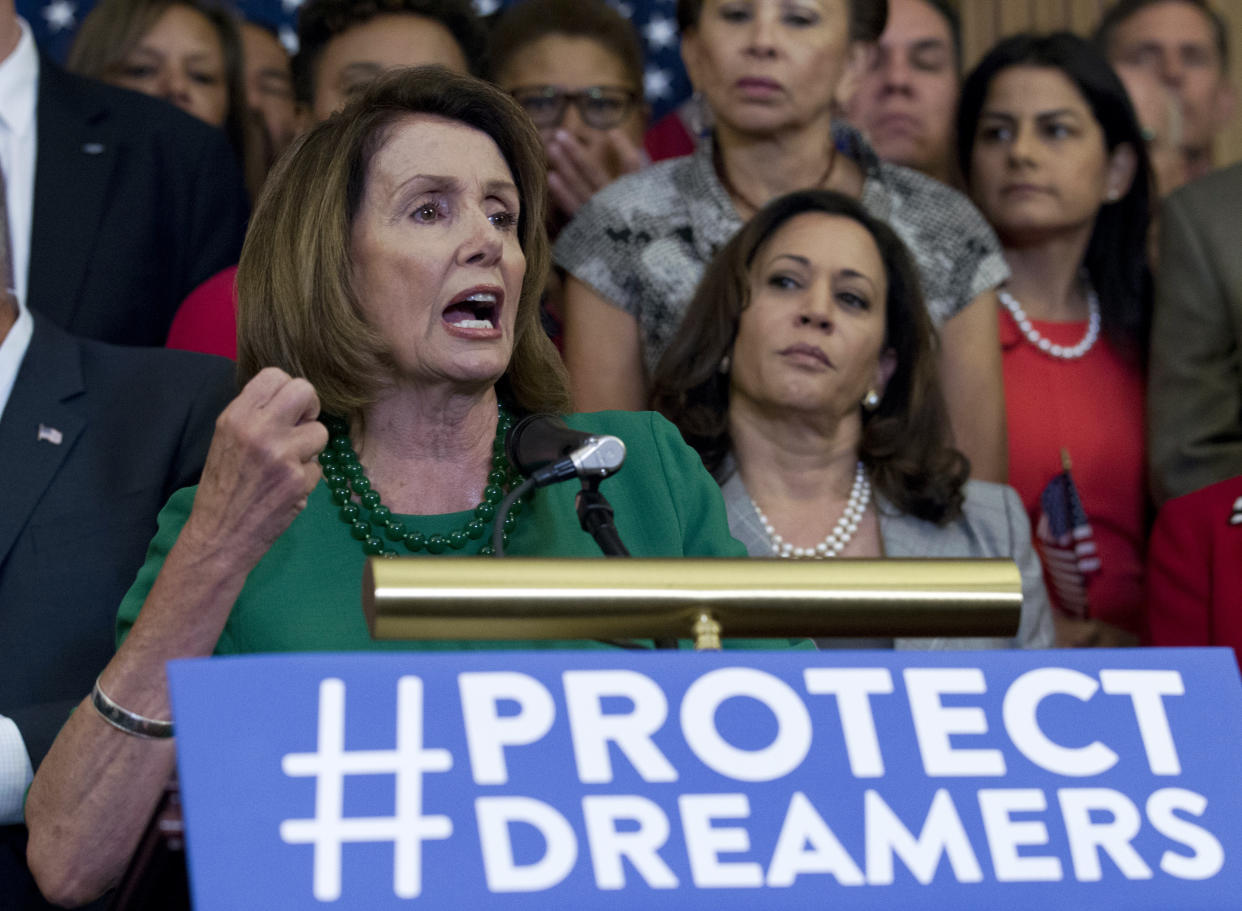 House Minority Leader Nancy Pelosi, accompanied by congressional Democrats, calls for Republicans to stand up to President Trump’s decision to terminate the Deferred Action for Childhood Arrivals (DACA) initiative by bringing DREAM Act legislation to a vote in the House and Senate. (AP/Jose Luis Magana)