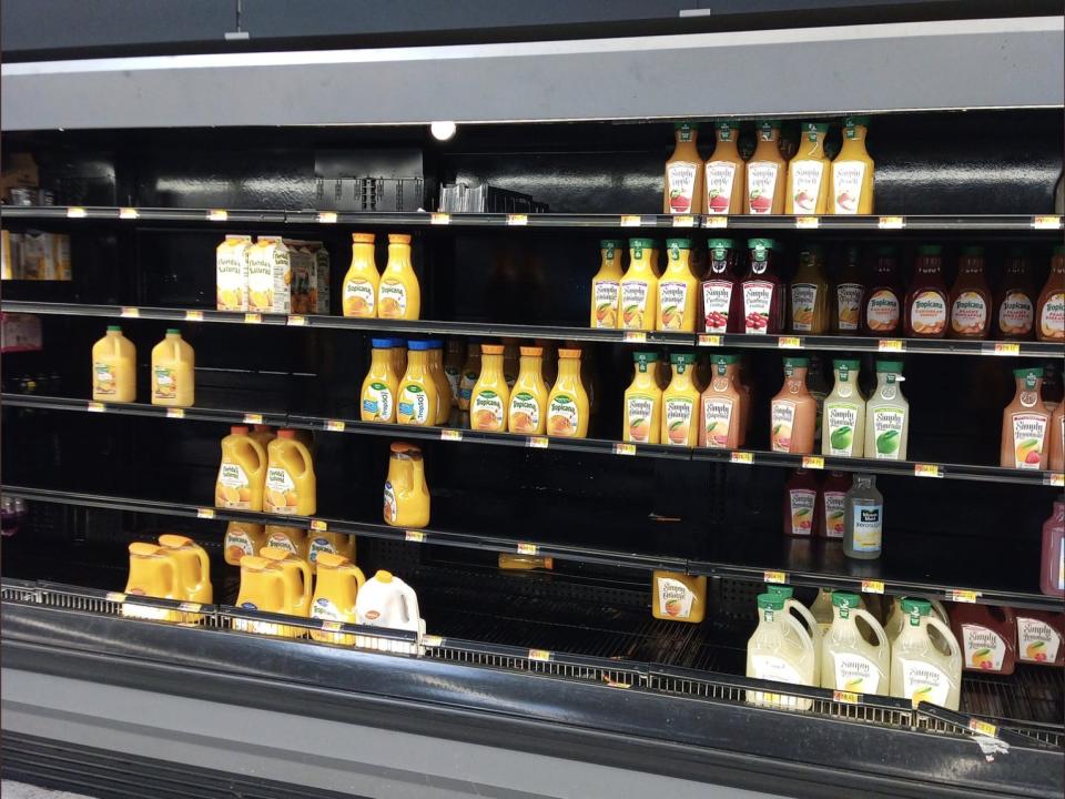 Juice shelves at the Super Walmart in Spartanburg, South Carolina on January 11, 2022.