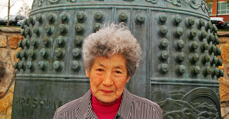 Shigeko Uppuluri with her beloved Oak Ridge International Friendship Bell