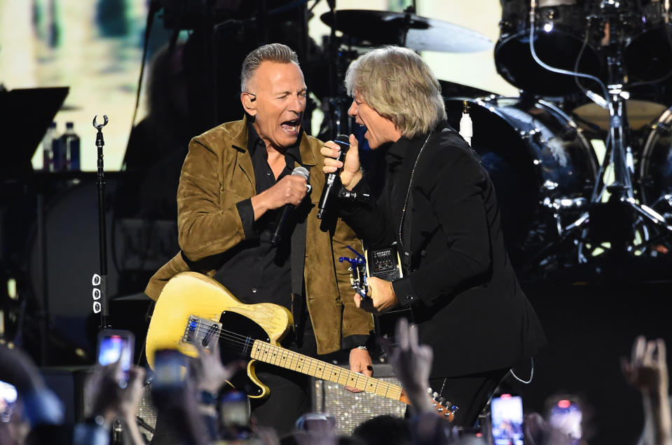 Bruce Springsteen and Jon Bon Jovi at the 2024 MusiCares Person of the Year Gala honoring Jon Bon Jovi held at The Los Angeles Convention Center on February 2, 2024 in Los Angeles, California. (Photo by Gilbert Flores/Billboard via Getty Images)