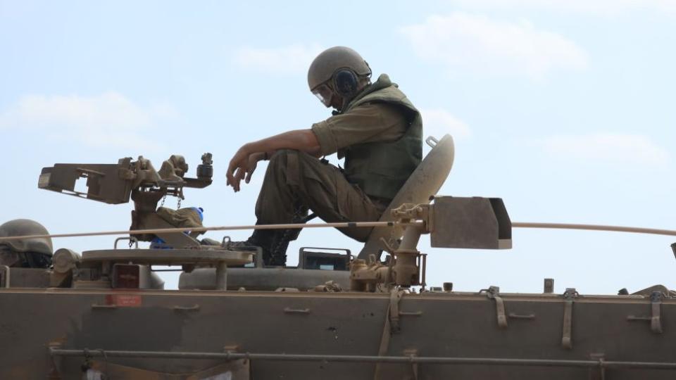 Israeli army deploy dozens of tanks and armored vehicles along with military members to the Gaza border area in Sderot, Israel on October 13, 2023