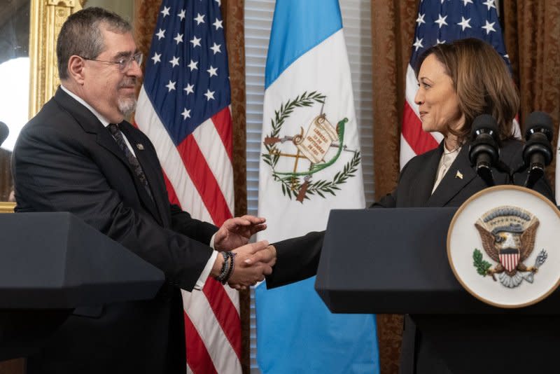 Vice President Kamala Harris and President Bernardo Arévalo of Guatemala shake hands Monday after making statements regarding the root causes of irregular migration, in the Vice President's Ceremonial Office located in the Eisenhower Executive Office Building on the White House Campus in Washington, D.C. Photo by Ron Sachs/UPI