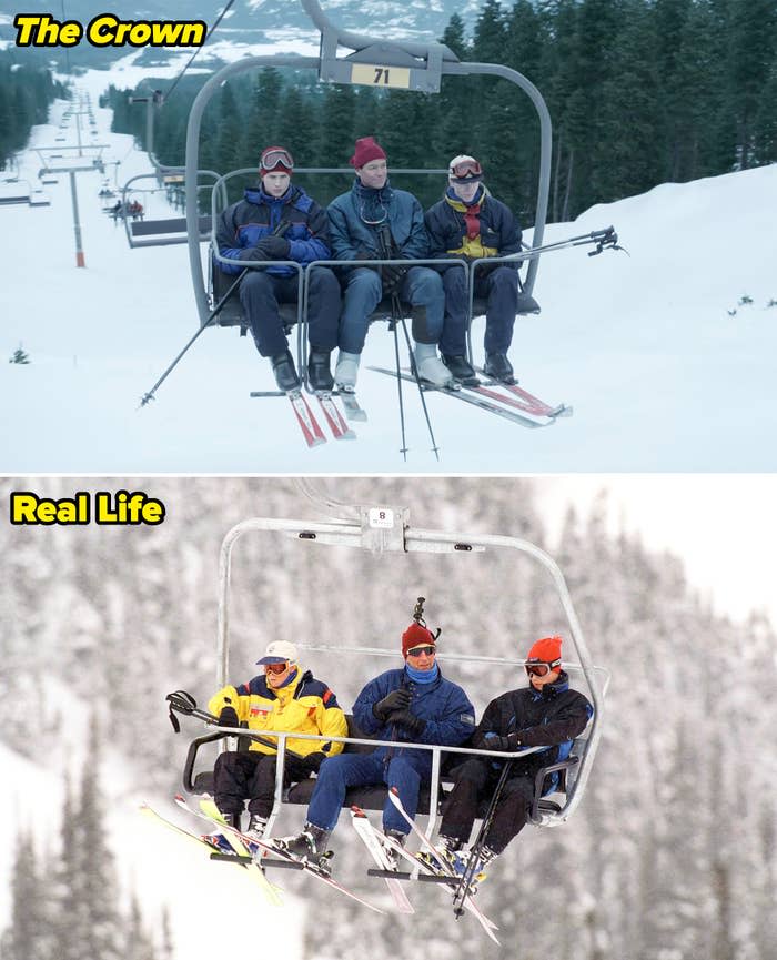 Side-by-side of The Royal Family on a ski trip in "The Crown" vs. real life