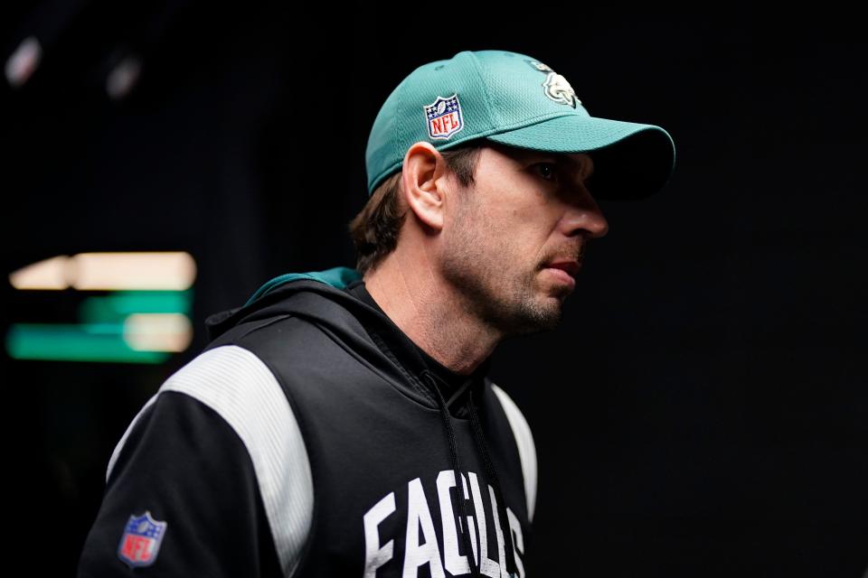 Philadelphia Eagles' Shane Steichen walks to the field before an NFL divisional round playoff football game, Saturday, Jan. 21, 2023, in Philadelphia.