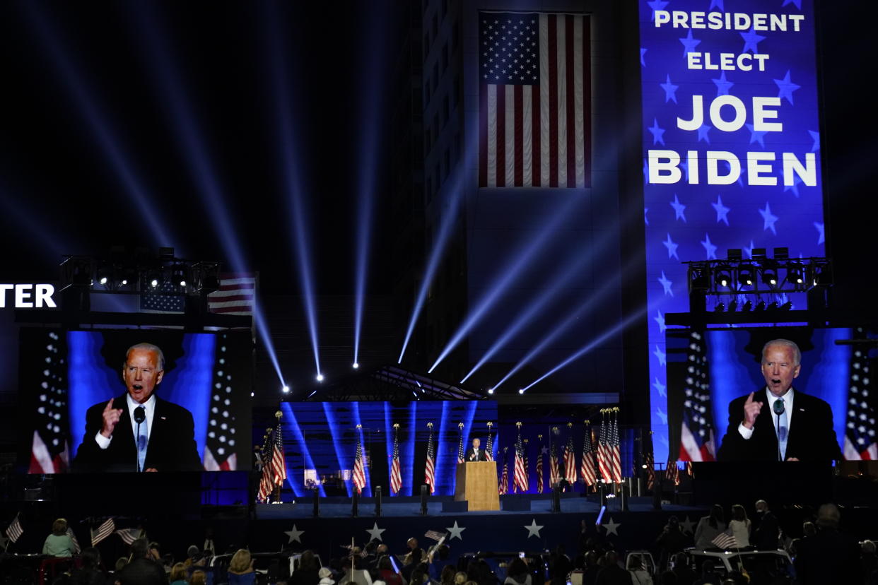 President-elect Joe Biden speaks Saturday in Wilmington, Del. (AP/Andrew Harnik)