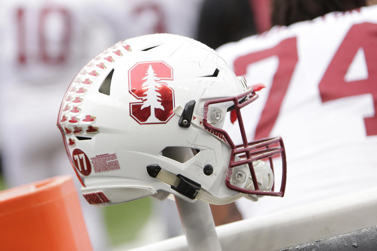 A Stanford helmet is photographed during the second half of an NCAA college football game between Washington State and Stanford in Pullman, Wash., Saturday, Nov. 4, 2017. (AP Photo/Young Kwak)