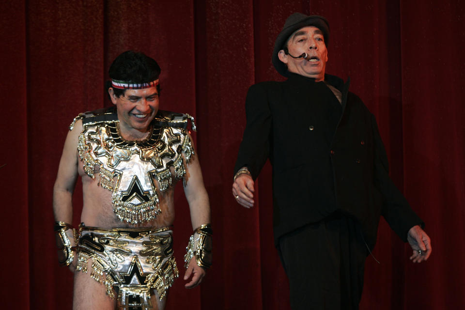 MEXICO CITY, MEXICO - DECEMBER 12:  A popular Mexican politician Rafael Acosta (L) and actor Alberto Rojas in action during the premiere of the Political Comedy 'Ay Juanito No Te Rajes' at Blanquita Theater on December 12, 2009 in Mexico City, Mexico. (Photo by Mario Castillo/Jam Media/LatinContent via Getty Images) 