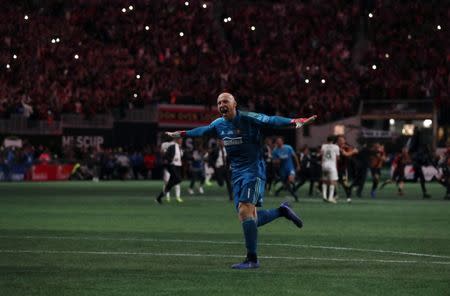 Dec 8, 2018; Atlanta, GA, USA; Atlanta United goalkeeper Brad Guzan (1) reacts after defeating the Portland Timbers in the 2018 MLS Cup championship game at Mercedes-Benz Stadium. Jason Getz-USA TODAY Sports