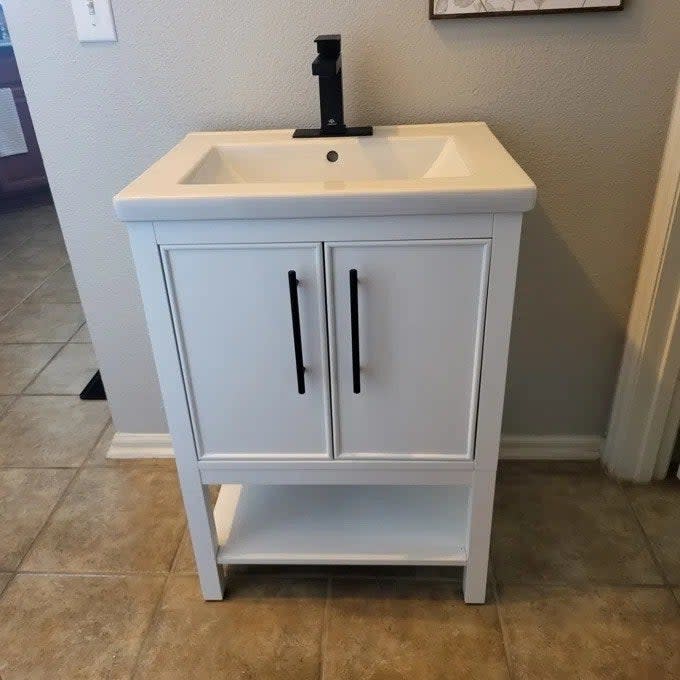 A reviewer photo of the vanity in a bathroom