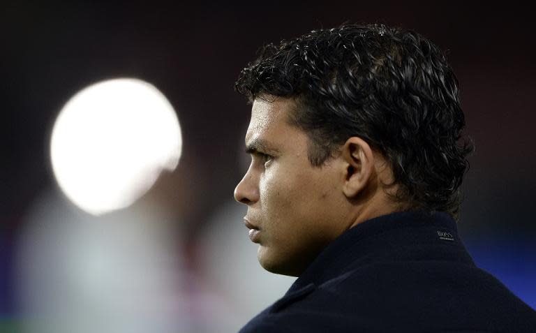 Paris Saint-Germain's Brazilian defender Thiago Silva is pictured before the start of the French L1 football match between PSG and Monaco at the Parc des Princes stadium in Paris on October 5, 2014