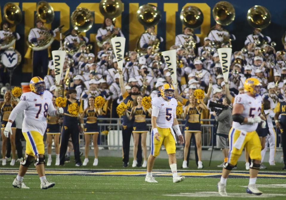 Pittsburgh Panthers quarterback Phil Jurkovec (5) reacts after turning the ball over in the final moments of the second half against the West Virginia Mountaineers at Milan Puskar Stadium in Morgantown, WV on September 16, 2023.