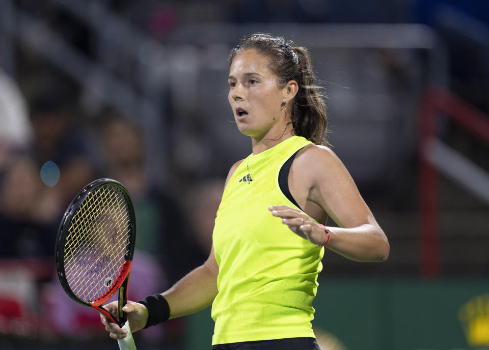 Daria Kasatkina, of Russia, reacts during her match against Elena Rybakina, of Kazakhstan, during the National Bank Open women’s tennis tournament Friday, Aug. 11, 2023, in Montreal. (Christinne Muschi/The Canadian Press via AP)