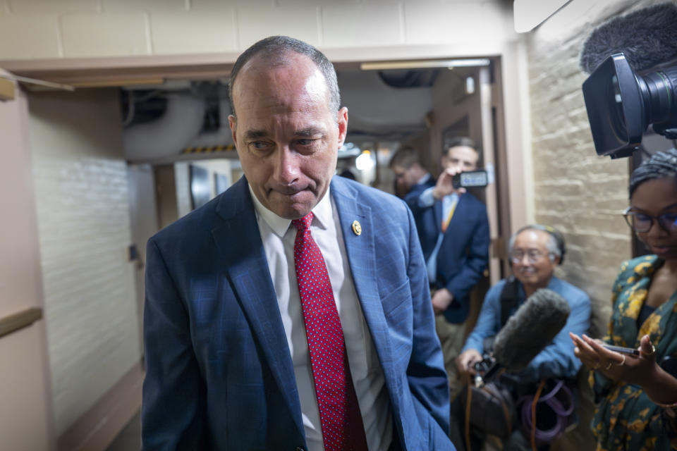 Rep. Bob Good, R-Va., chairman of the conservative House Freedom Caucus, heads to a closed-door meeting with fellow Republicans at the Capitol in Washington, Tuesday, May 7, 2024. Rep. Good has criticized Rep. Marjorie Taylor Greene, R-Ga., for continuing her push to oust Speaker Mike Johnson from his position. (AP Photo/J. Scott Applewhite)