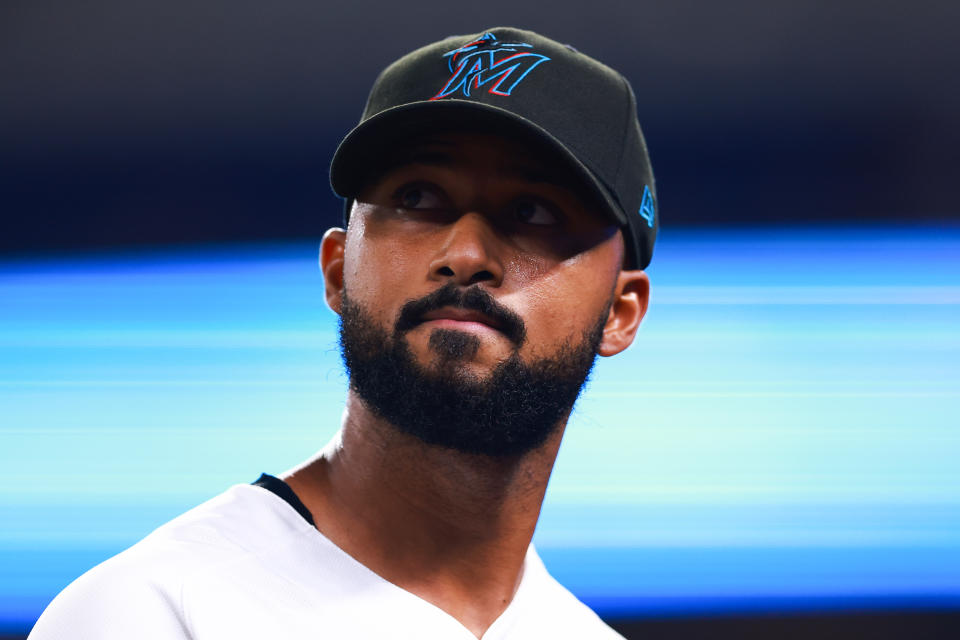 MIAMI, FLORIDA - AUGUST 29: Sandy Alcantara #22 of the Miami Marlins looks on against the Tampa Bay Rays during the first inning at loanDepot park on August 29, 2023 in Miami, Florida. (Photo by Megan Briggs/Getty Images)