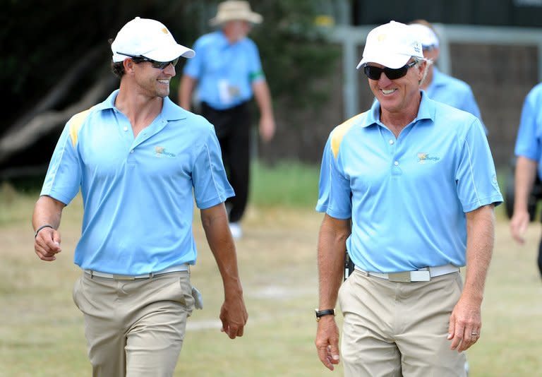 Greg Norman (R) and Adam Scott, pictured during a practice round for the President's Cup golf event at the Royal Melbourne golf course, on November 15, 2011. Sports-mad Australia on Monday celebrated Scott's breakthrough triumph in the Masters, claiming it as an historic moment for the nation and Norman said there were more to come