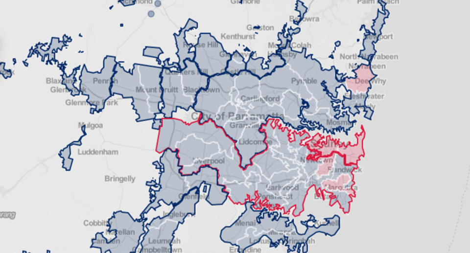 The red highlighted areas show where Covid-19 fragments were detected in the sewage in Sydney. Source: NSW Health