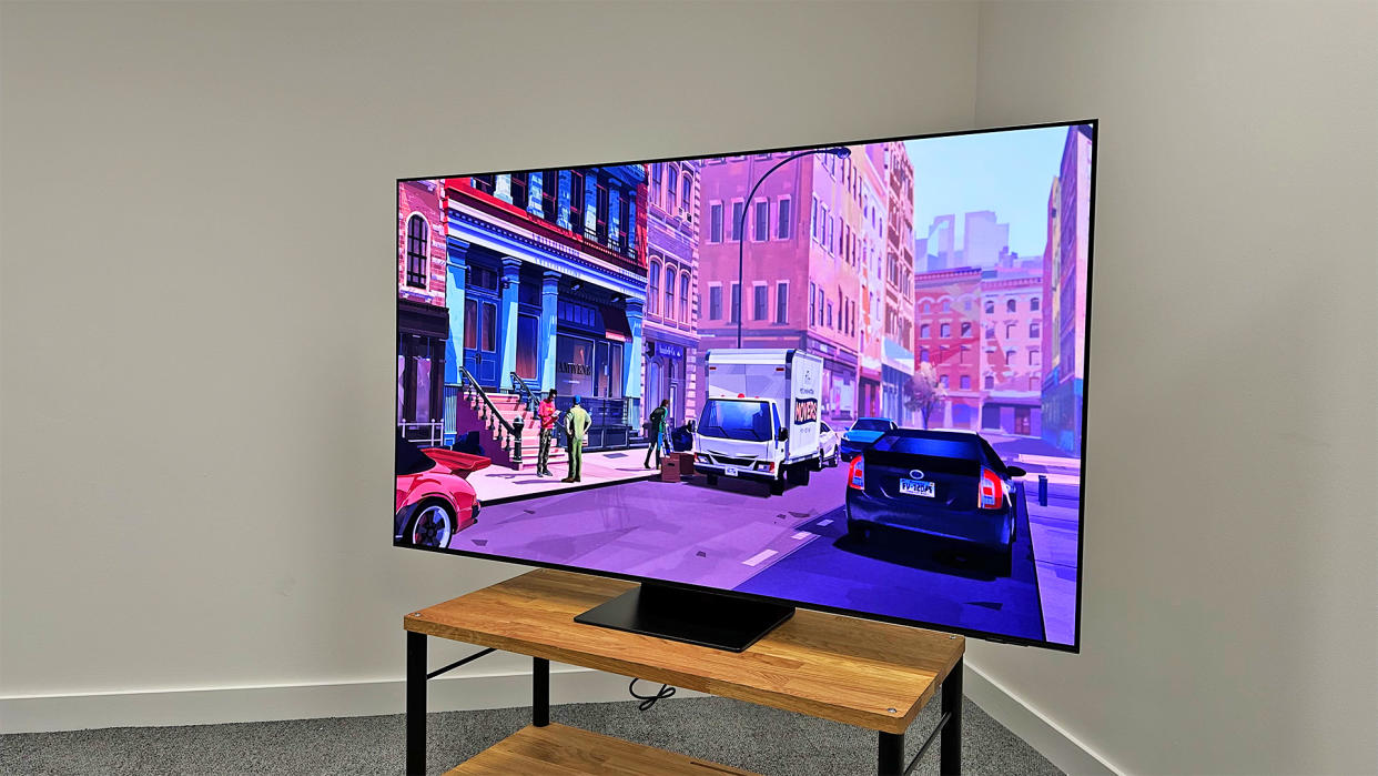  Samsung S95C on a TV stand in our testing room. 