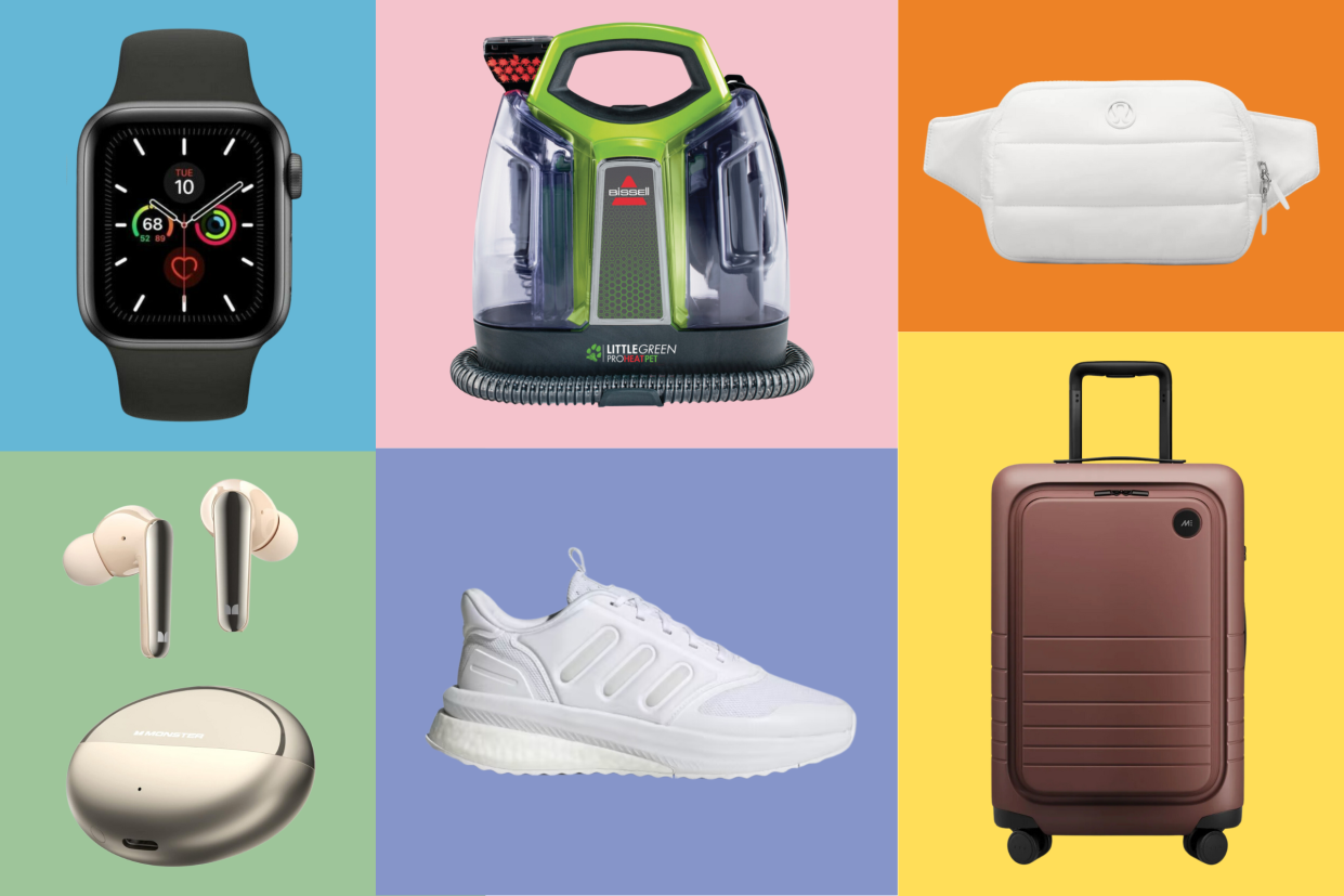 apple watch, carpet cleaner, lululuemon belt bag, monos carry on suitcase luggage, white adidas men's sneaker, wireless earbuds headphones, Best sales and deals to shop this weekend in Canada (photos via eBay, Amazon, Canadian Tire, Adidas, Monos & Lululemon).