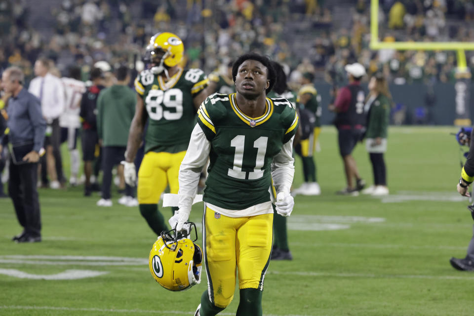 Green Bay Packers wide receiver Sammy Watkins (11) is shown at an NFL football game between the Packers and Bears Sunday, Sept. 18, 2022, in Green Bay, Wis. Watkins is the Packers leading receiver and caught three passes for 93 yards in a Sunday night victory over the Chicago Bears. (AP Photo/Mike Roemer)