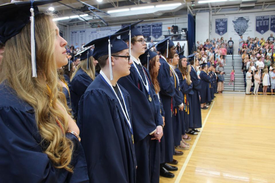 Graduating seniors stand in line together as they get ready to take their next steps at the Sault High graduation on May 28, 2023.