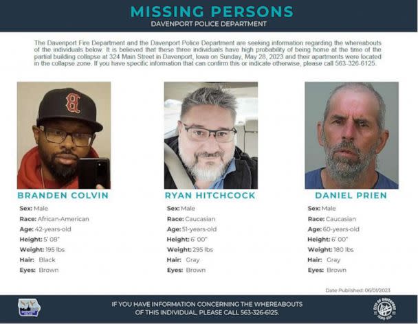 PHOTO: Davenport Police Dept. released a missing person flyer with three residents that remain missing after the Davenport, Iowa, apartment building collapse: Branden Colvin, Ryan Hitchcock and Daniel Prien. (Davenport Police Dept.)