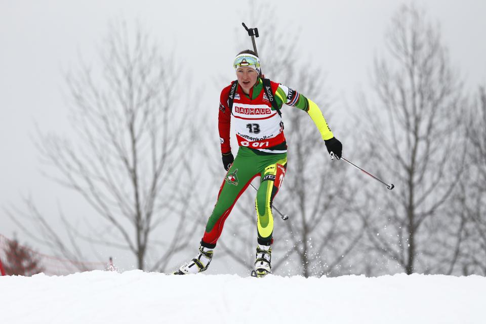 Darya Domracheva, Belarus, in action to win the Women's WC sprint 7.5 Km biathlon race, in the Holmenkollen Ski Arena in Oslo, Norway, Thursday March 20, 2014. (AP Photo / Erlend Aas, NTB scanpix) NORWAY OUT