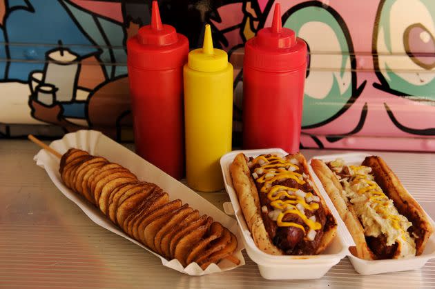 On the far right is a West Virginia style slaw dog, as seen on the 