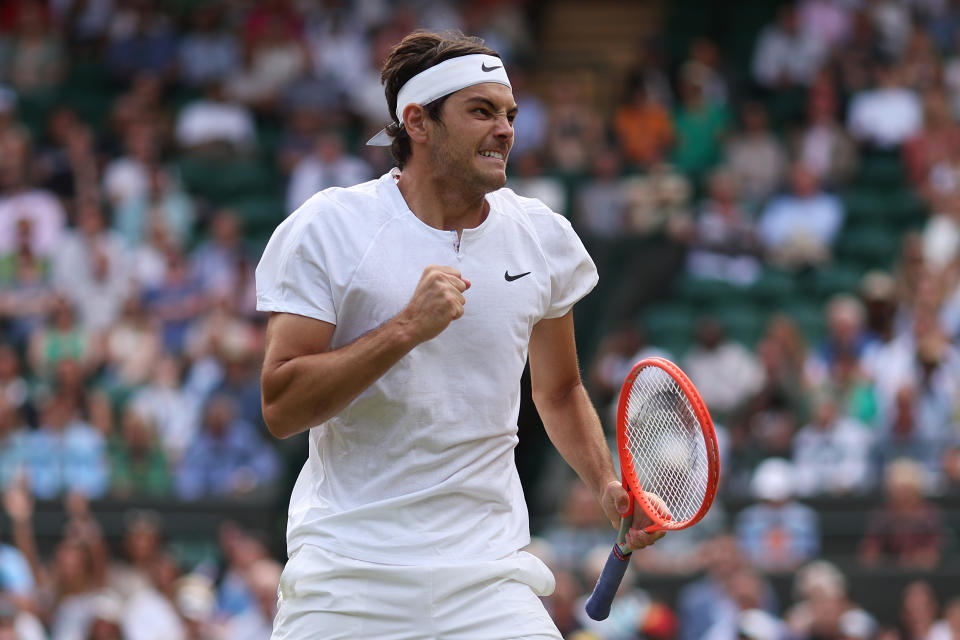 Seen here, Taylor Fritz celebrating a point against Jason Kubler during their fourth round match at Wimbledon.