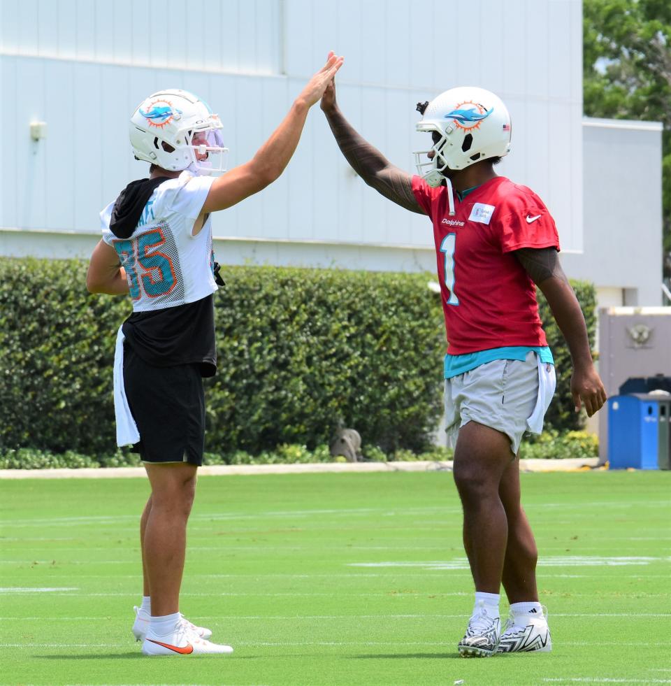 Dolphins teammates River Cracraft (left) and Tua Tagovailoa share a high five during Tuesday's organized team activities.