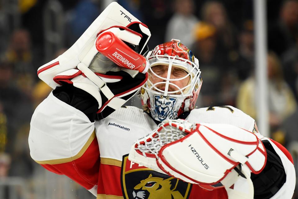 May 12, 2024; Boston, Massachusetts, USA; Florida Panthers goaltender Sergei Bobrovsky (72) squirts his face with water during the first period in game four of the second round of the 2024 Stanley Cup Playoffs against the Boston Bruins at TD Garden. Mandatory Credit: Bob DeChiara-USA TODAY Sports