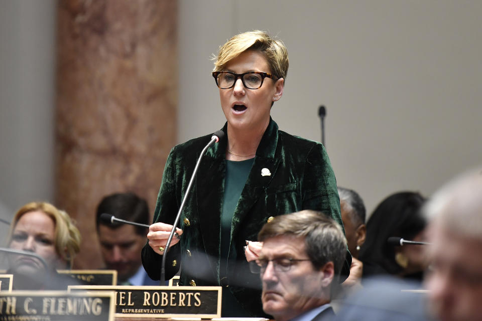 Kentucky House Representative Rachel Roberts speaks against Senate Bill 150 at the Kentucky House of Representatives in Frankfort, Ky., Thursday, March 16, 2023. (AP Photo/Timothy D. Easley)