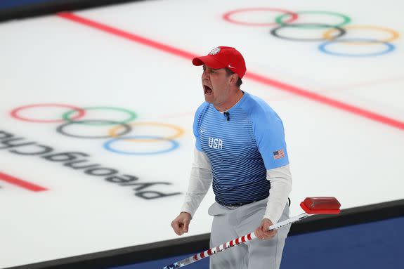 John Shuster of the United States reacts in the game against Sweden during the Curling Men's Gold Medal game during the PyeongChang 2018 Winter Olympic Games.