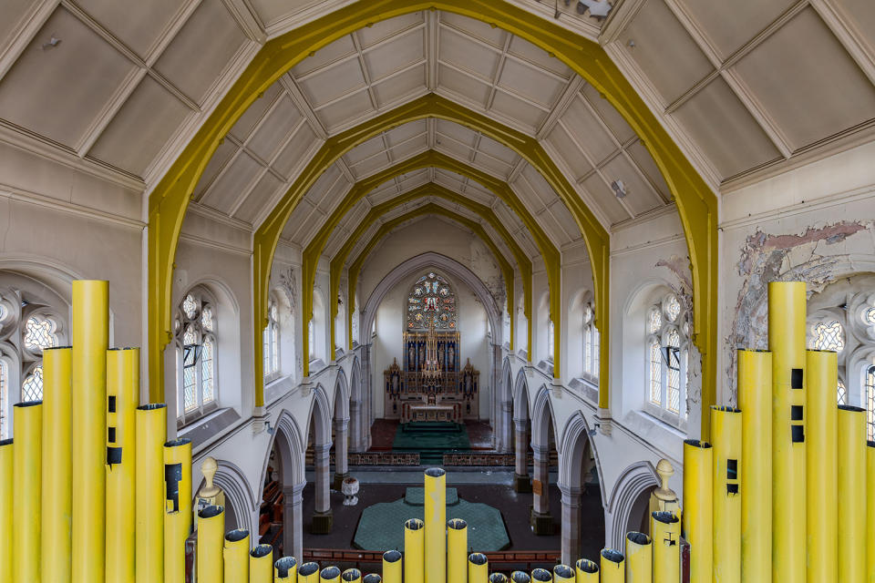 <p>Yellow pipe organ at a former British church. (Photo: James Kerwin/Caters News) </p>