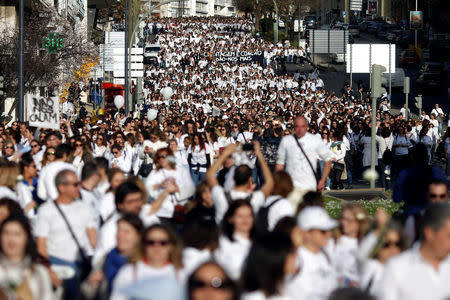 Nurses are seen during a protest march in Lisbon, Portugal, March 8, 2019. REUTERS/Pedro Nunes